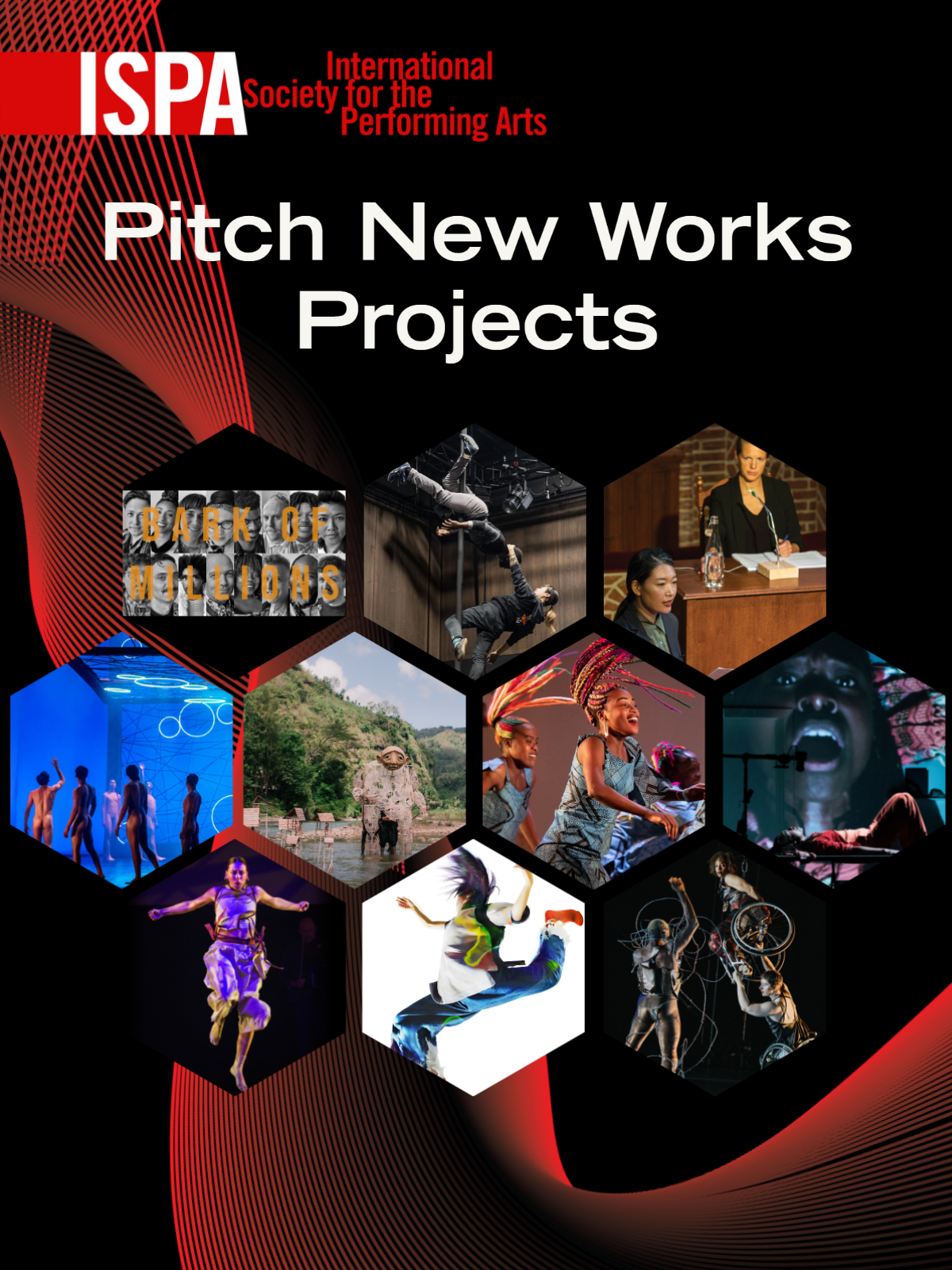  Project 1, Bark of Millions. Image Description: Sixteen black and white photo portraits of the Bark of Million creative team are stitched together in two rows of eight photos. The words “Bark of Millions” are superimposed on the photos of the faces in bold yellow print. The people are smiling in different ways and are of a wide range of ages, races, and ethnicities. 
Project 2, COMMON GROUND. Image Description: Two circus artists, a Black man with short black hair and a woman of East-Asian descent with bleached medium-long hair, are pictured hanging by their legs from a vertical metal pole in a well-lit studio theater with a black lighting grid on the ceiling. The man’s is upside-down and the woman is underneath him, right-side up and holding his head with one arm. 
Project 3, JUDGE ME. Image Description: A lawyer, a young woman of east-Asian-descent dressed in a business suit, and a judge, a young light-skinned woman with pulled-back hair dressed in black, appear in a court room with wood paneling and red carpet. The lawyer is mid-speech, as if addressing the jury, and the judge is looking seriously at the lawyer. The words JUDGE ME appear in bold red print at the bottom of the photo. 
Project 4, LEMNISKATA. Image Description: Fourteen nude men walk in a semi-circular formation on a stage that is lit with bright blue light.  The men are looking or reaching up toward a transparent platform with black lines and white circles of light imprinted across it that is suspended directly above them. Streaks of green light shine downward from above the platform.
Project 5, Stream of Memory. Image Description: A larger-than life-sized human puppet with beige skin, short beige hair, and sunken, aged features is wading forward, through a river with a rocky shore, flanked by green and brown hills and a blue, clouded sky. The puppet is dressed in off-white mesh and guided by puppeteers in black pants. Small houses on tall stilts stand in the river at the height of the puppet’s waist. 
Project 6, The Book of Life. Image Description: Four young Black women with long rainbow-colored braids in ponytails ang light-blue dresses with intricate black patterns are pictured dancing and smiling in front of a brown backdrop. They have just flipped their ponytails into the air, so that they fly above their heads. 
Project 7, The Ritual of Life is the Rite to Resist. Image Description: A young Black woman in an orange jumpsuit and a red cardigan lies on a table with a black video camera standing so that it points at her face. Close-up footage of her face is projected on the backdrop, which is a white wall with a closed door. Her mouth is open as if she is singing, and there is a fearful look in her eyes. 
Project 8, The Waste Land. Image Description: A dancer appears mid-jump. The dancer is a young, light-skinned woman with tightly pulled back brown hair. She is facing the camera and is suspended in the air with her legs underneath her and her arms raised to shoulder-height. She is wearing a white tank top and voluminous white pants with white socks and a brown belt. Her brow is knitted in and she looks intensely into the camera. The background is dark and a musician, an older man dressed in black, is barely visible. 
Project 9, WAVES. Image Description: A dancer appears mid-jump with one leg beneath and one kicked up behind, arms lifted, and face turned away. They are light-skinned in a loose t-shirt and pants with brightly, swirling colors and bright orange socks. Their medium-long hair is black and purple with green and blue flecks, and it flies up in the air. The background is bright white. 
Project 10, Wired. Image Description: Three dancers face each other onstage. Jerron Herman, a Black man with blonde hair, stands facing the others, his body tense with energy. His tight pants and leather top shimmer. His fist flies overhead as silver barbed wire cascades from head to feet. Alice Sheppard and Laurel Lawson are stacked and lean in toward Jerron with concentrated expressions. Alice, a multiracial Black woman with coffee-colored skin and short curly hair, hovers in the air. Laurel, a white dancer with cropped hair, balances beneath her; she grips Alice’s wheels while tilting on one wheel. Photo Robbie Sweeny/Kinetic Light.